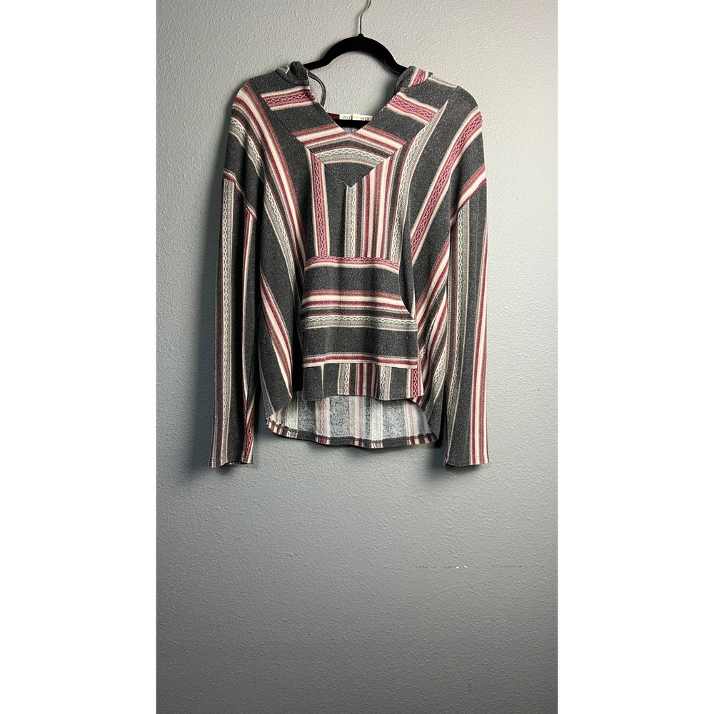 Wallflower Womens‎ Baja Hoodie Striped Pullover Kangaroo Pocket Grey Burgundy XL